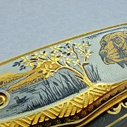 Дамасский складной нож «Охотник с собакой» — оригинальный подарок — фотография 3